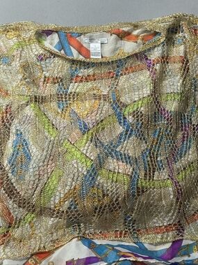Alberto Makali Gold Mettalic Crochet Overlay Pattern Blouse Womens Small